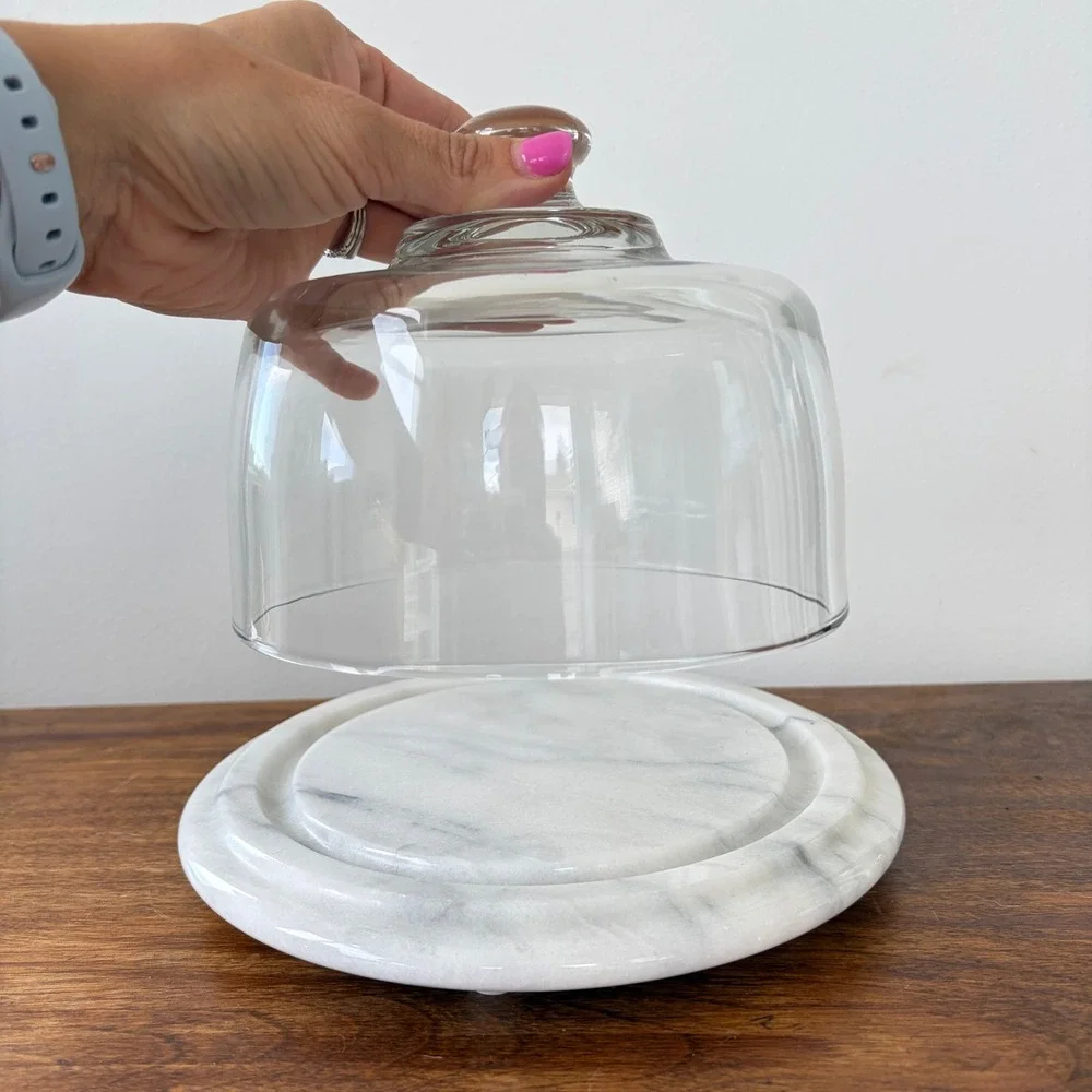 White Marble Cheese Board with Glass Cloche Dome Serving Set 8.5 Inch